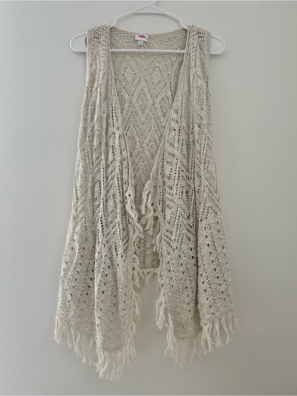 Justice Cream crochet vest with fringe trim